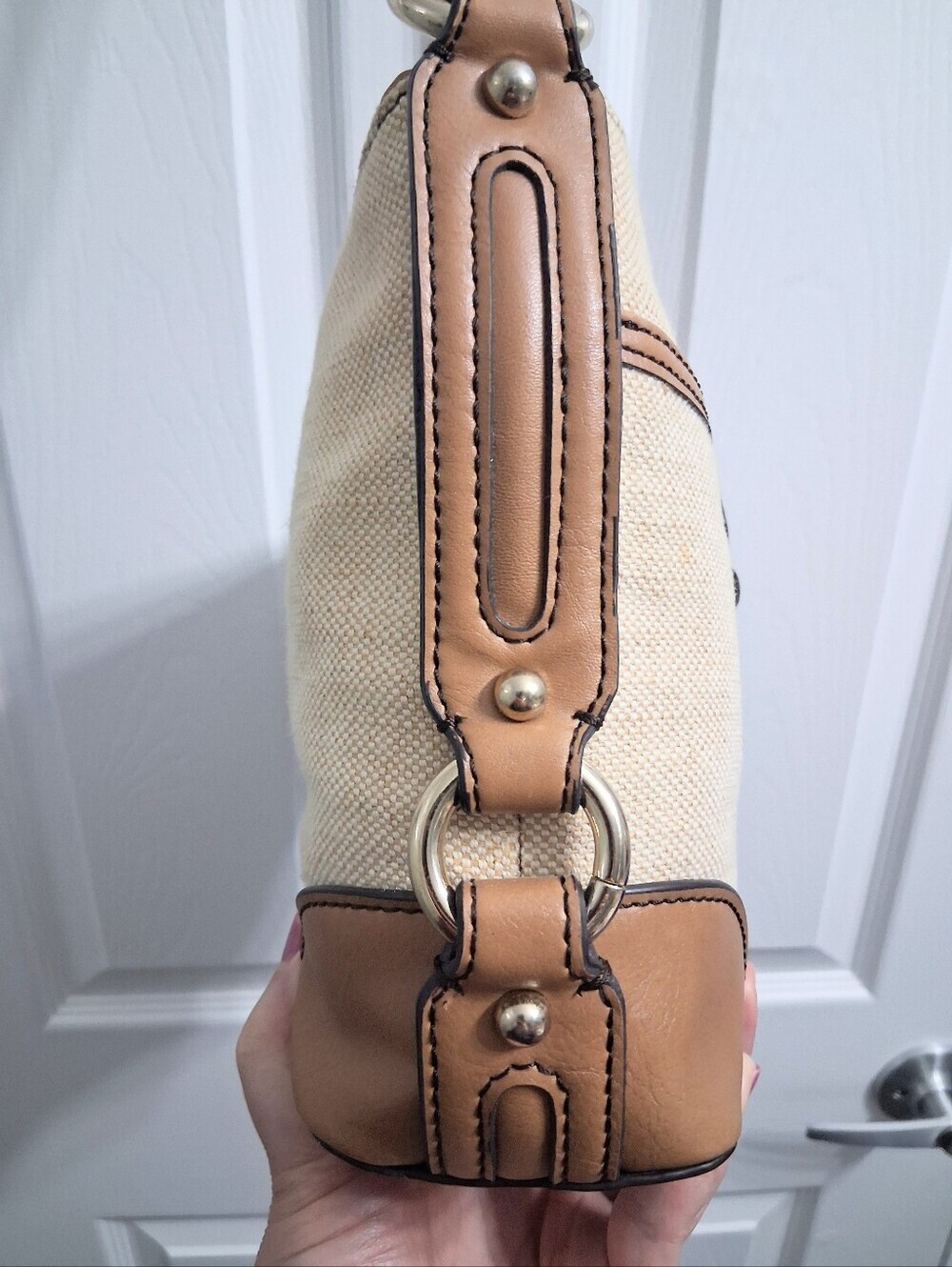 Vintage Etienne Aigner Tweed Shoulder Bag Beige Brown Classic Canvas Purse - Picture 5 of 15